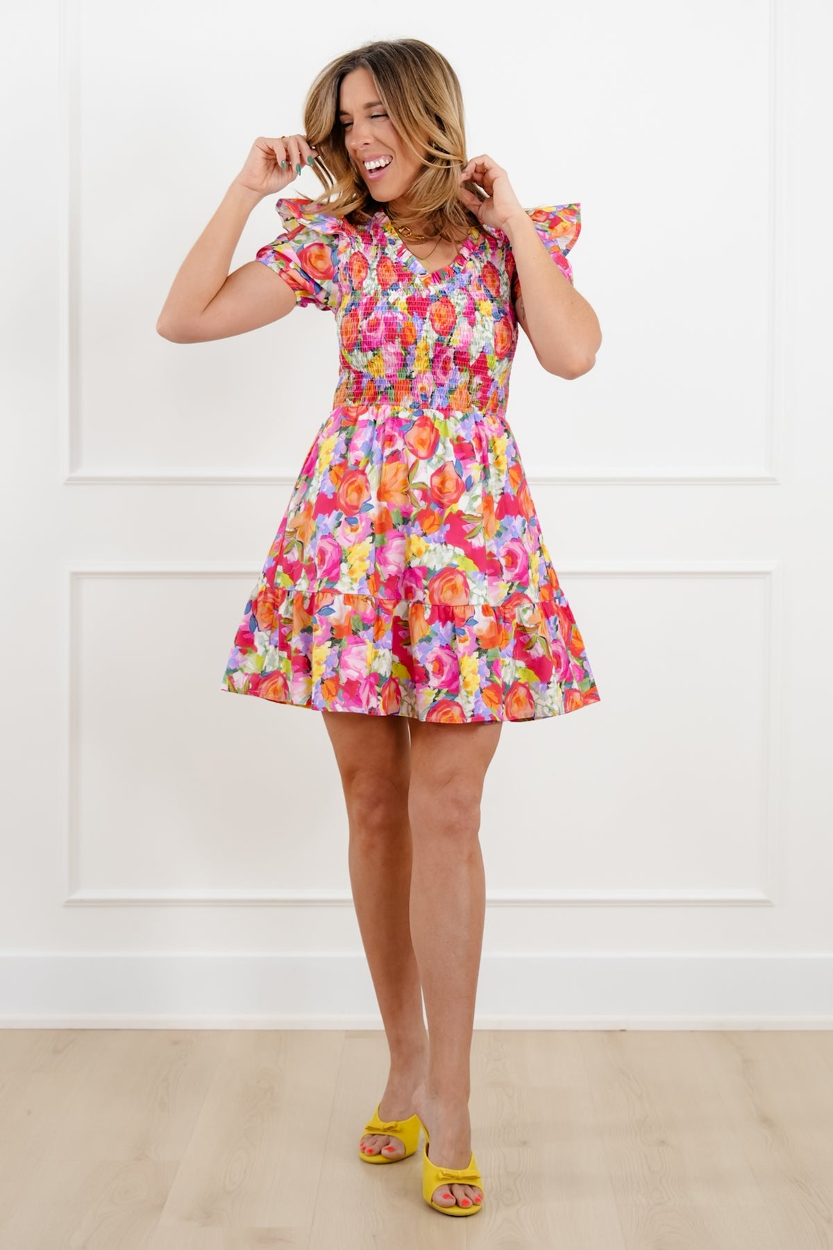 Floral Print Short Sleeve Mini Dress with Smocked Bodice - Freckled Poppy