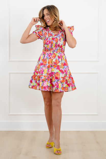 Floral Print Short Sleeve Mini Dress with Smocked Bodice - Freckled Poppy