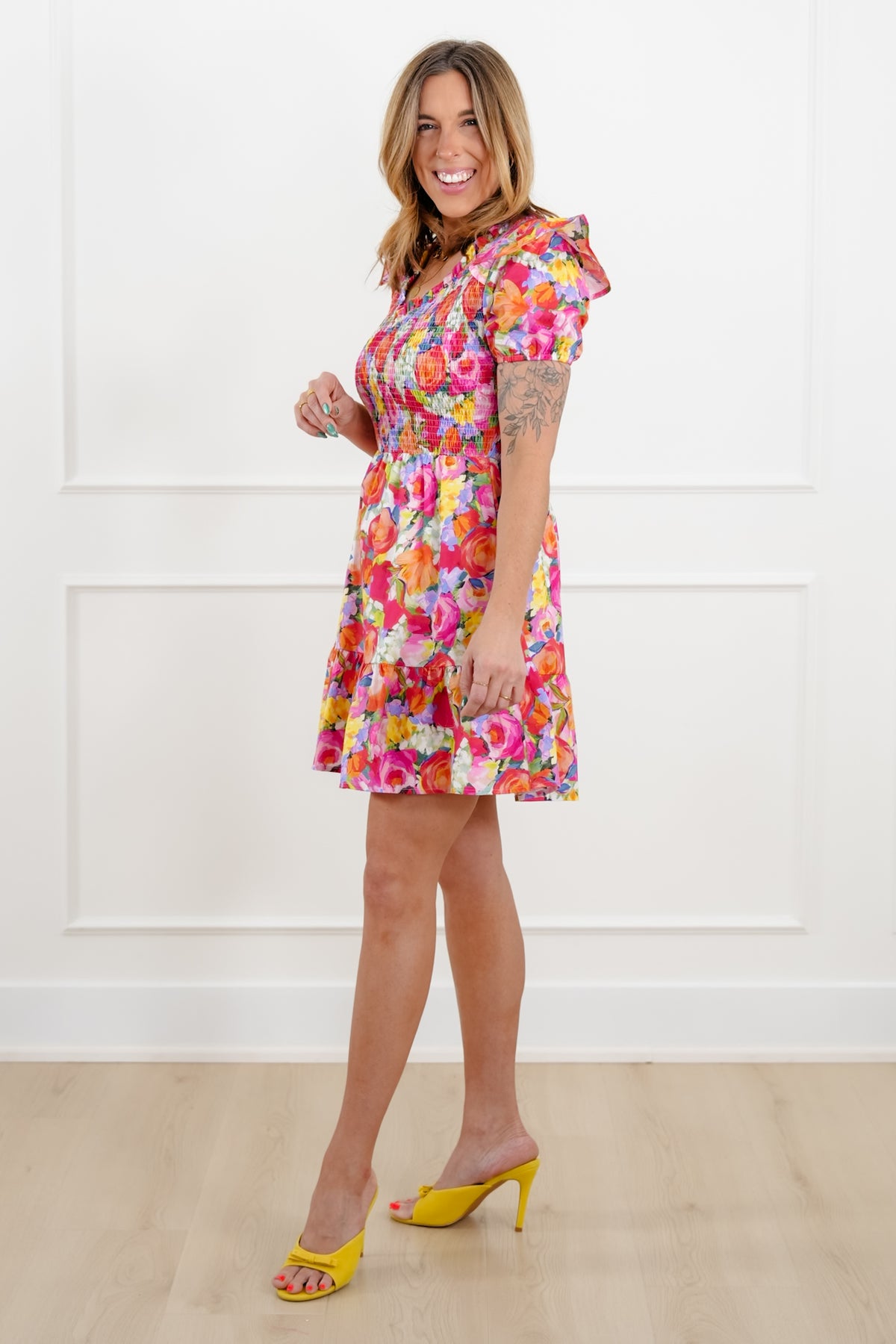 Floral Print Short Sleeve Mini Dress with Smocked Bodice - Freckled Poppy