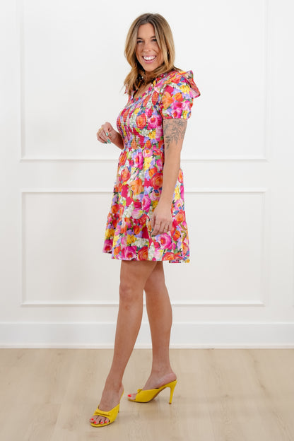 Floral Print Short Sleeve Mini Dress with Smocked Bodice - Freckled Poppy