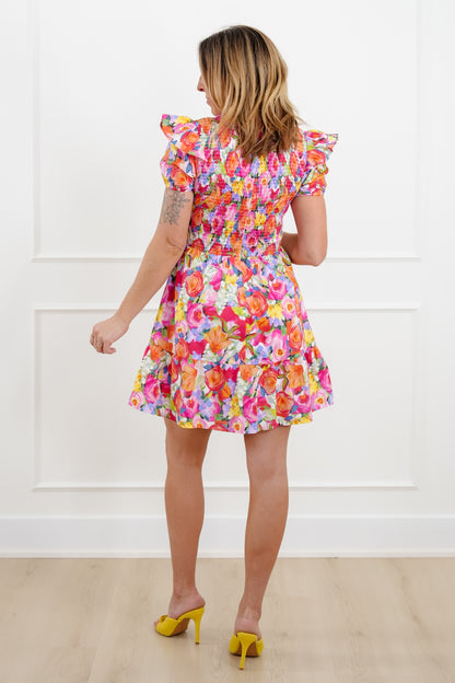 Floral Print Short Sleeve Mini Dress with Smocked Bodice - Freckled Poppy