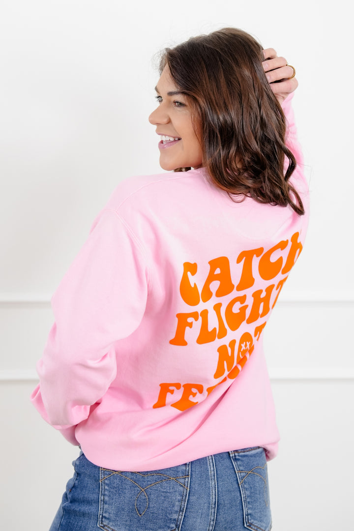 Plus/Reg Long Sleeve "Catch Flights Not Feelings" Graphic Sweatshirt - Freckled Poppy