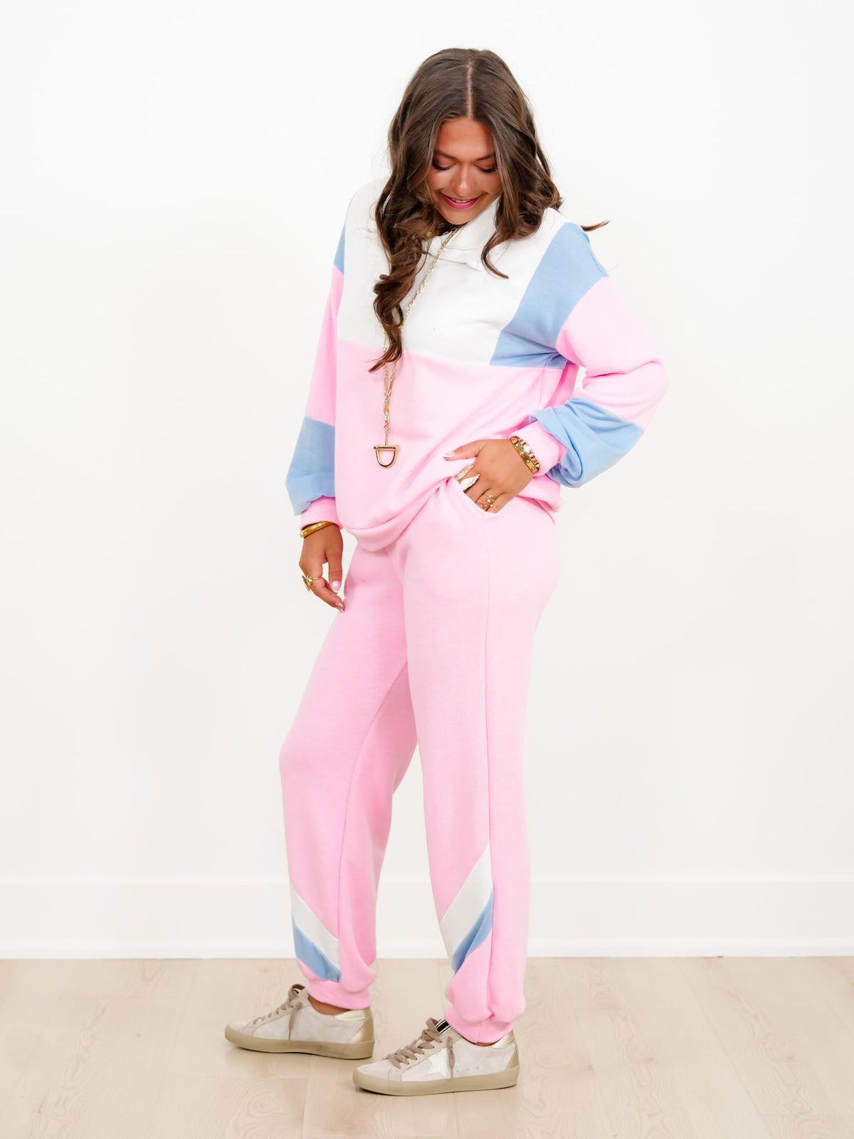Plus/Reg Color Block Long Sleeve Pullover and Sweatpants Set - Freckled Poppy