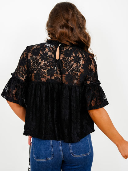 Short Sleeve Ruffled Lace Top - Freckled Poppy