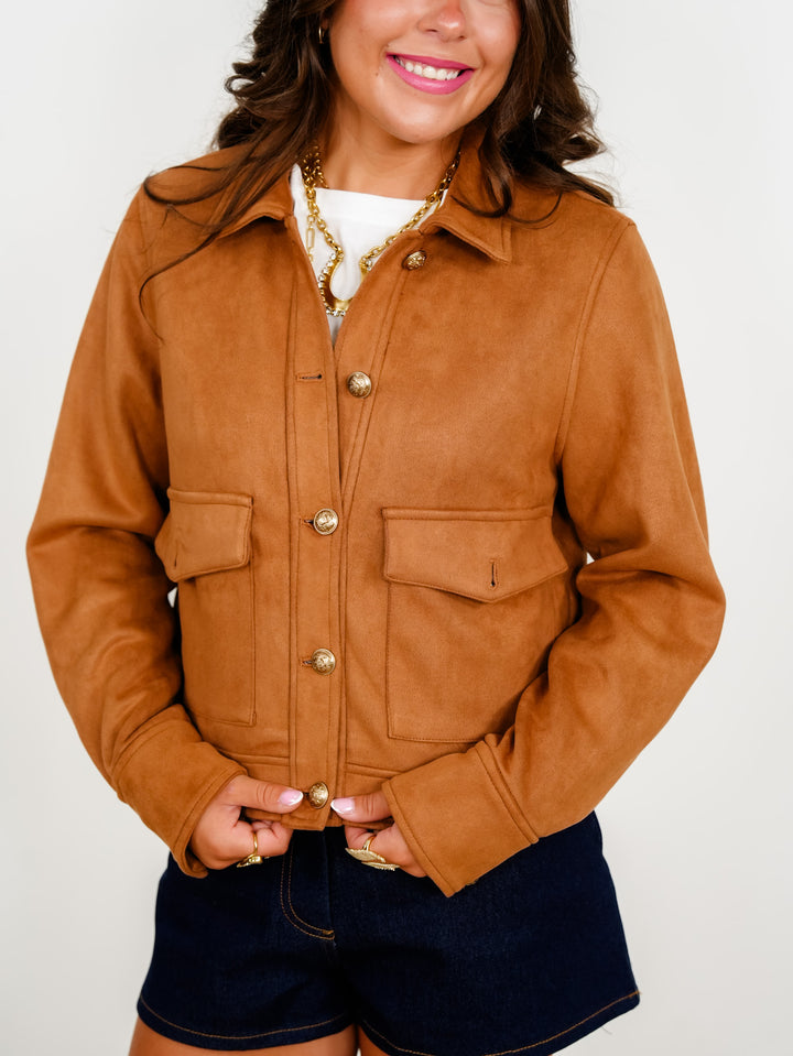 Vegan Suede Long Sleeve Button Down Jacket - Freckled Poppy
