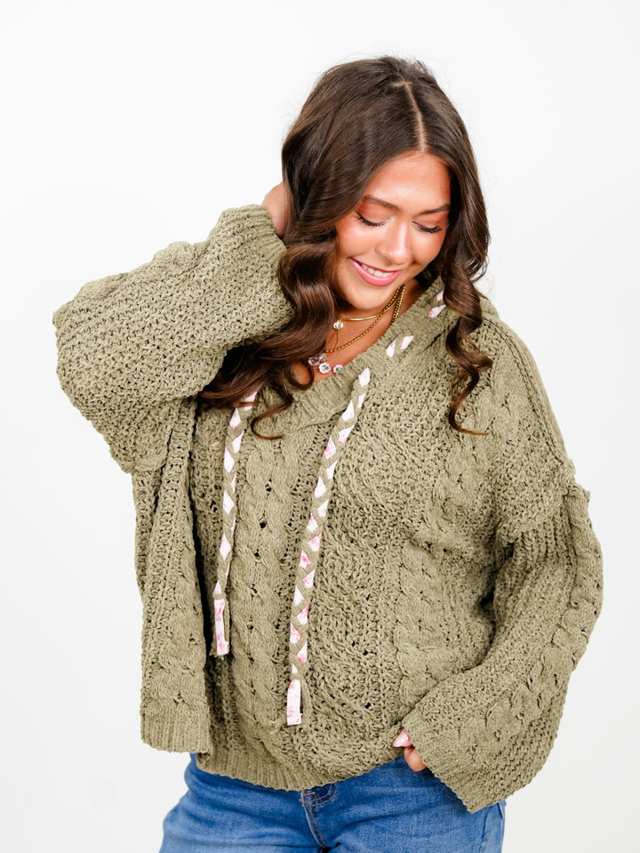 POL Long Sleeve V Neck Hooded Sweater - Freckled Poppy