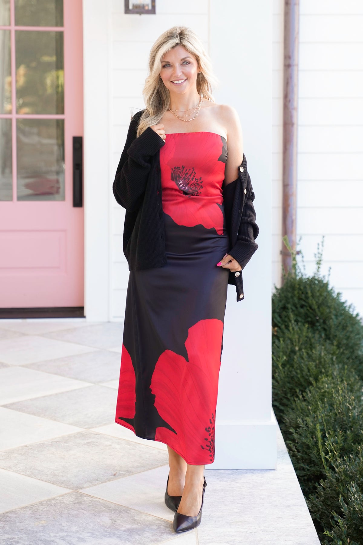 Satin Strapless Midi Dresses With Floral Print - Freckled Poppy