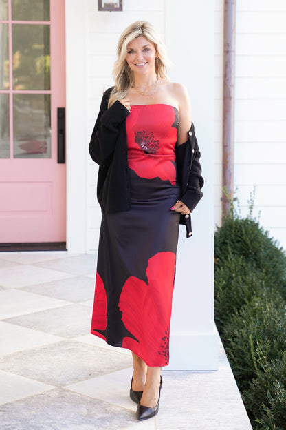 Satin Strapless Midi Dresses With Floral Print - Freckled Poppy