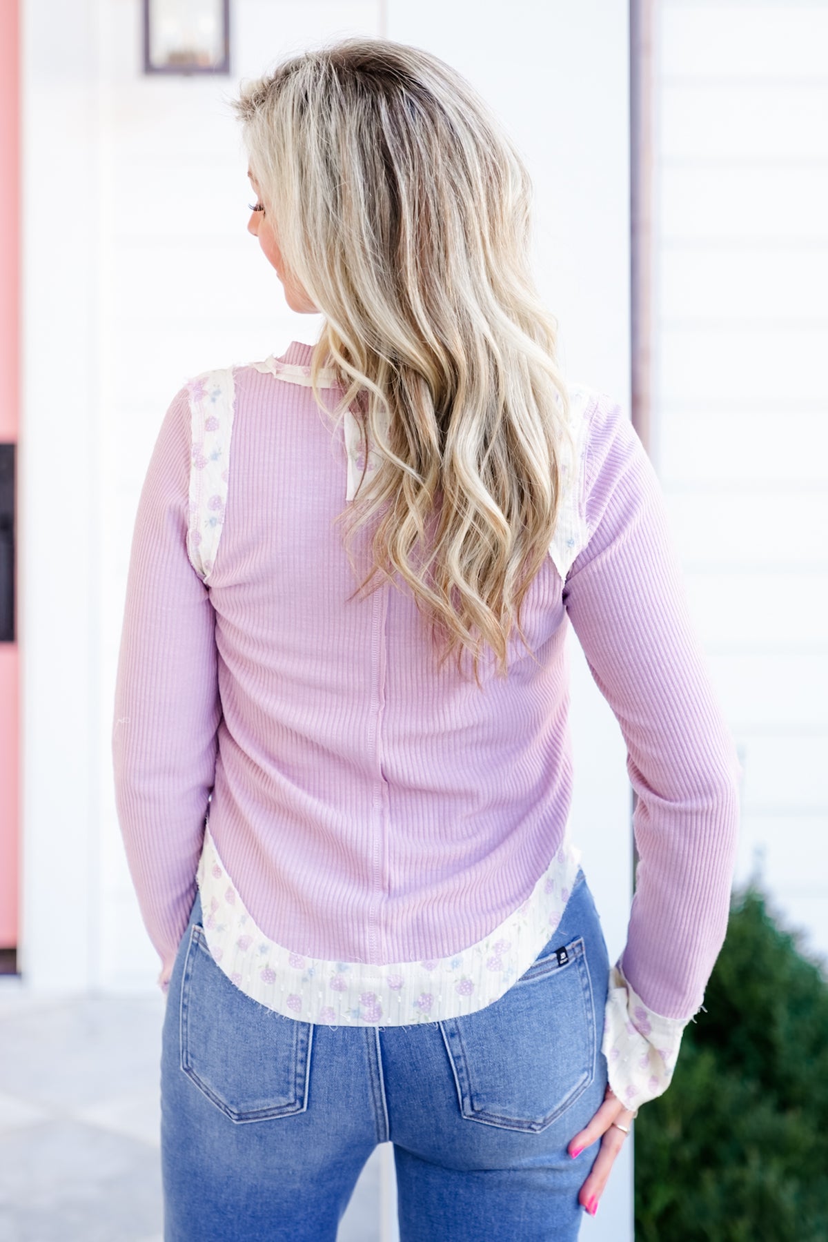 POL Ribbed Long Sleeve V Neck Top with Floral Accent - Freckled Poppy