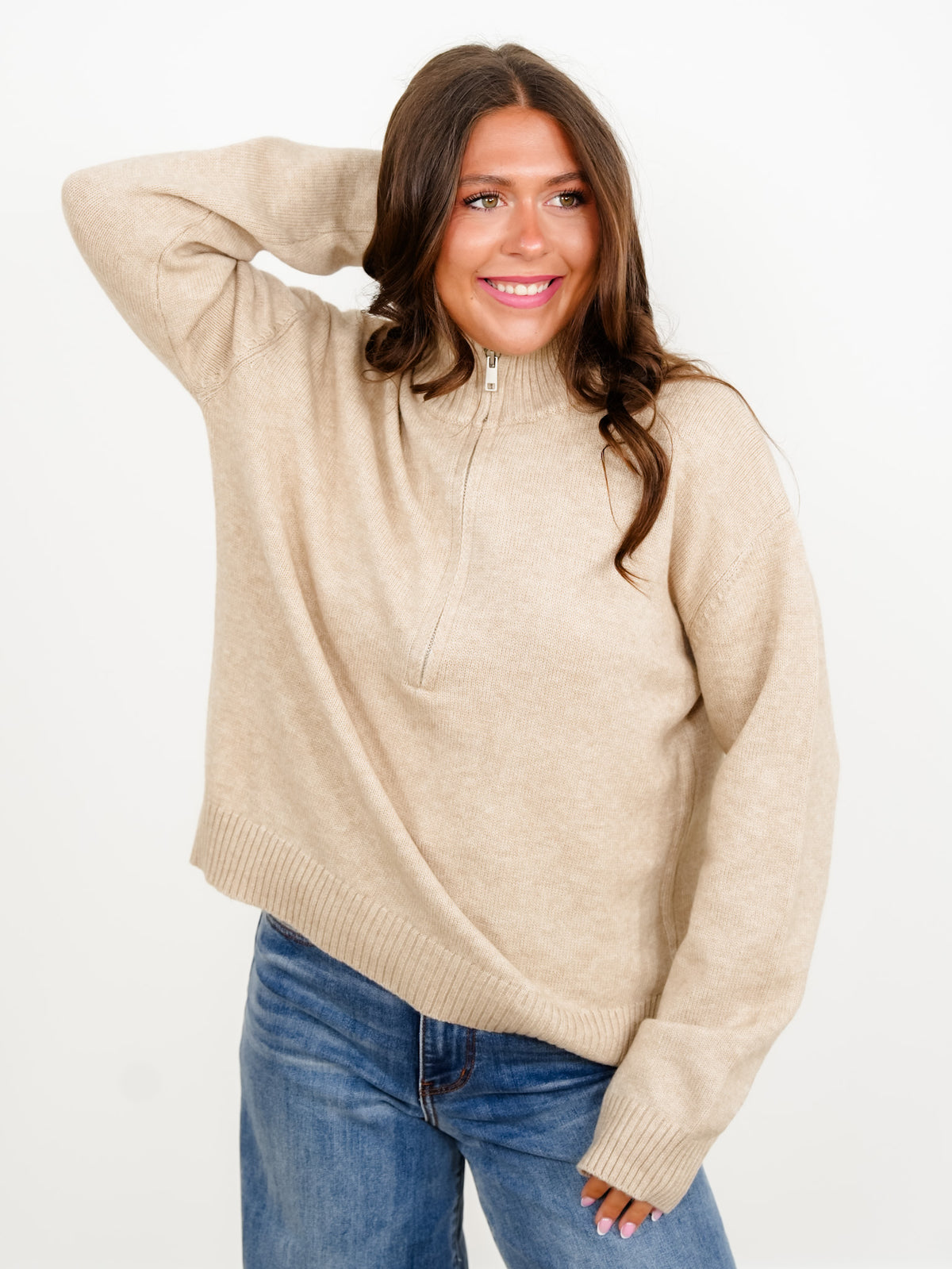 Solid Long Sleeve Half Zip Turtleneck Sweater - Freckled Poppy
