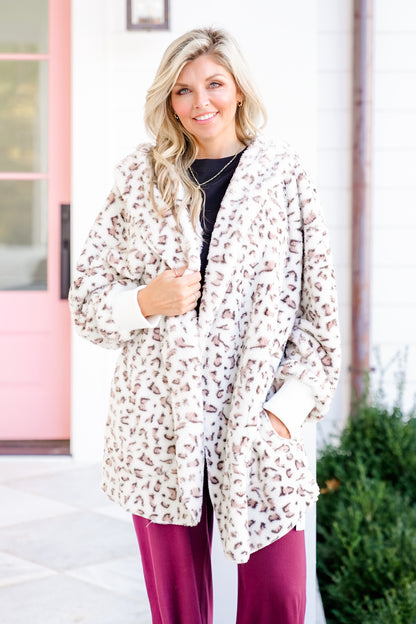 White Leopard Fleece Long Sleeve Hooded Open Front Jacket - Freckled Poppy