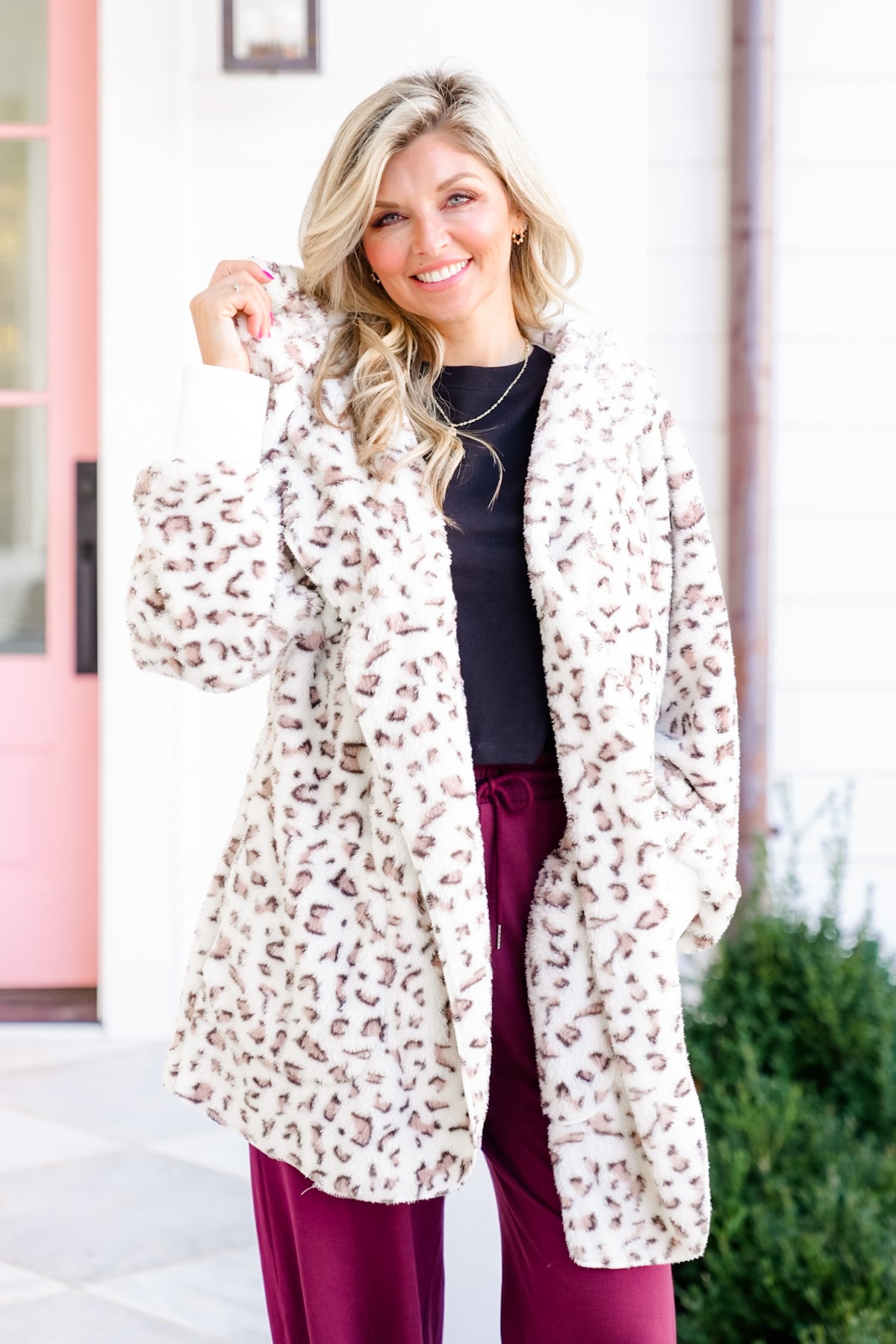 White Leopard Fleece Long Sleeve Hooded Open Front Jacket - Freckled Poppy