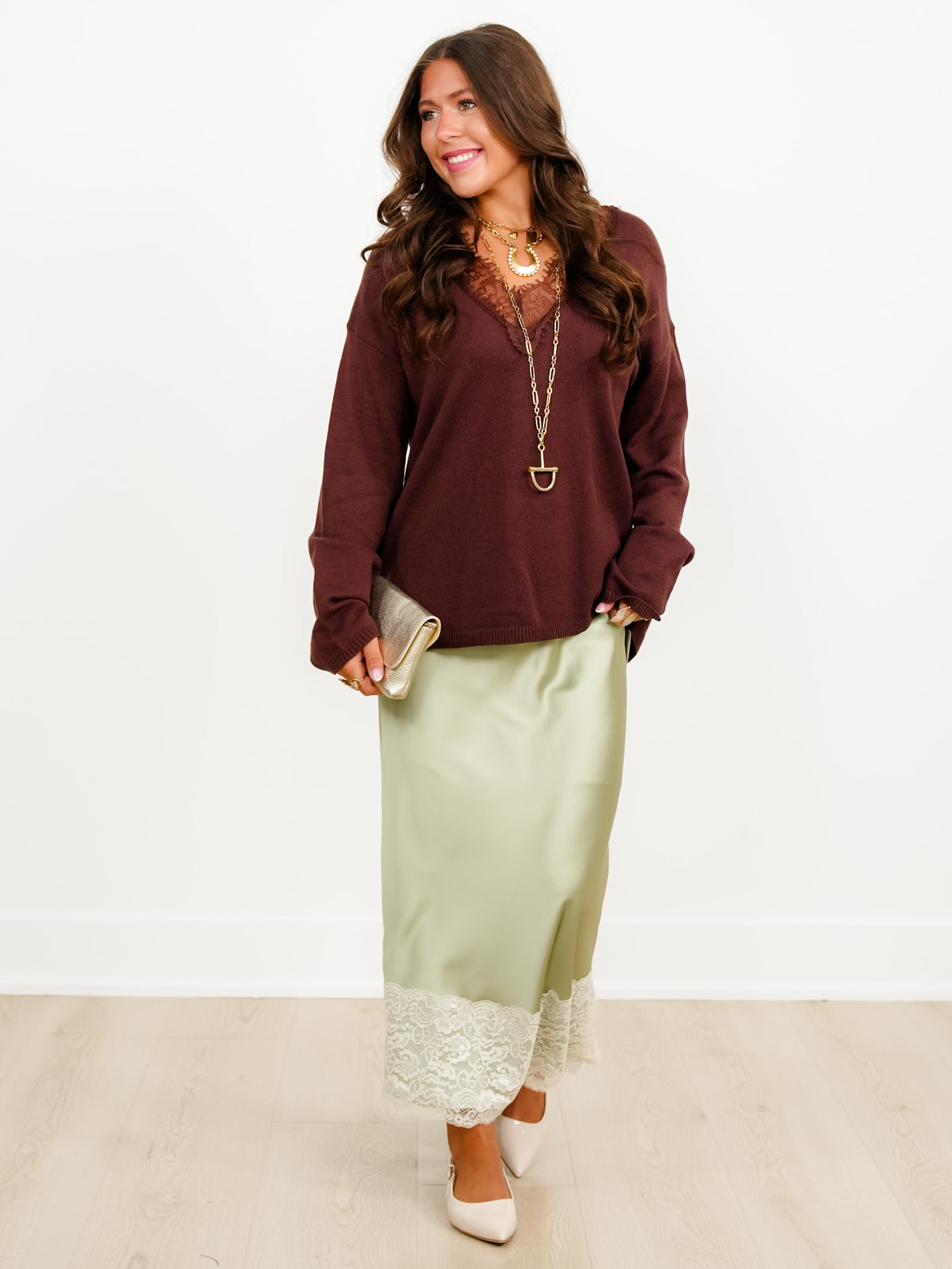 Long Sleeve V Neck Pullover Sweater with Lace Trim - Freckled Poppy