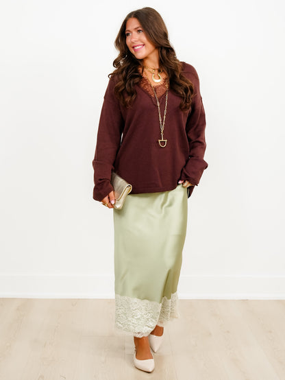Long Sleeve V Neck Pullover Sweater with Lace Trim - Freckled Poppy