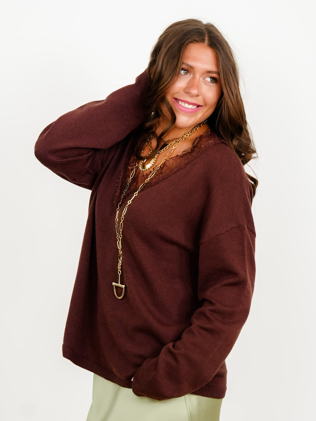 Long Sleeve V Neck Pullover Sweater with Lace Trim - Freckled Poppy