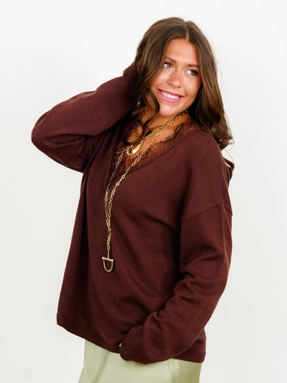Long Sleeve V Neck Pullover Sweater with Lace Trim - Freckled Poppy