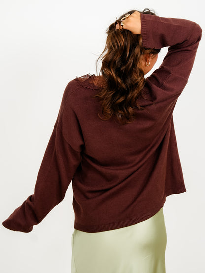 Long Sleeve V Neck Pullover Sweater with Lace Trim - Freckled Poppy