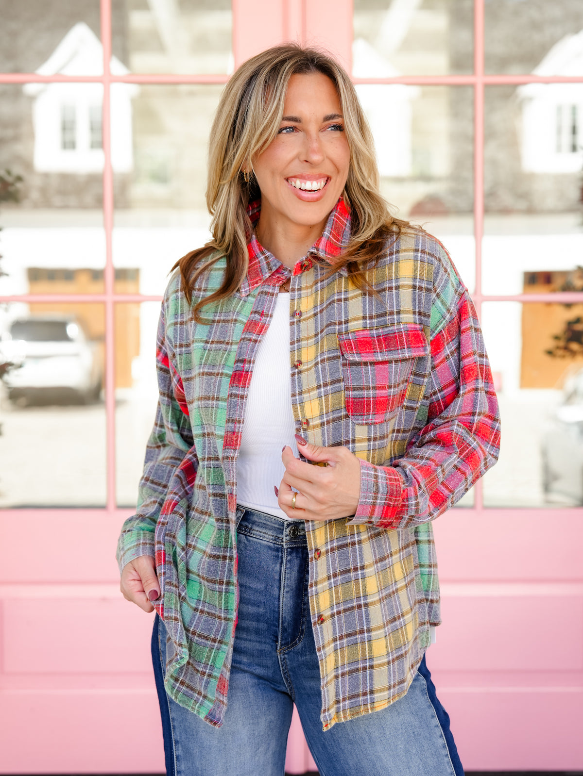 Plus/Reg Mineral Wash Plaid Long Sleeve Button Down Top