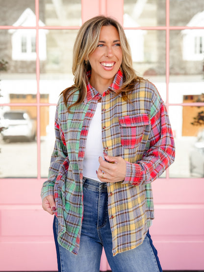 Plus/Reg Mineral Wash Plaid Long Sleeve Button Down Top