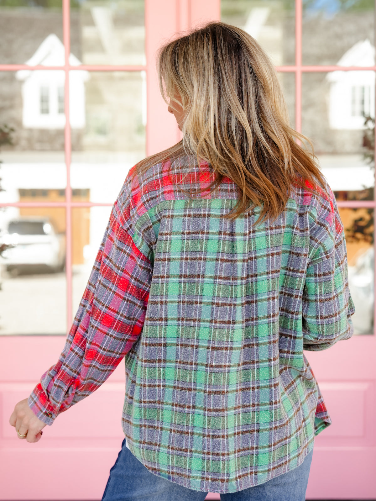 Plus/Reg Mineral Wash Plaid Long Sleeve Button Down Top