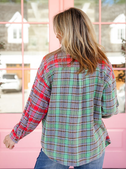 Plus/Reg Mineral Wash Plaid Long Sleeve Button Down Top