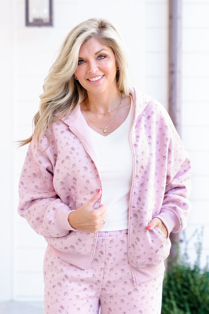 Pink Floral Long Sleeve Zip Up Hoodie - Freckled Poppy