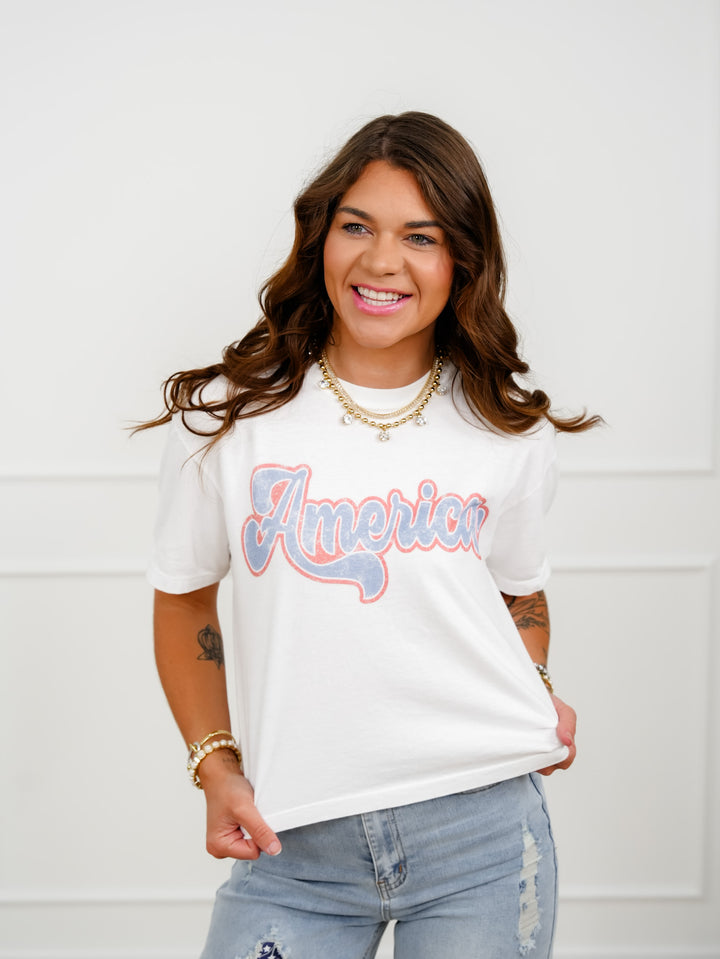 Plus/Reg Short Sleeve "America" Graphic Tee - Freckled Poppy