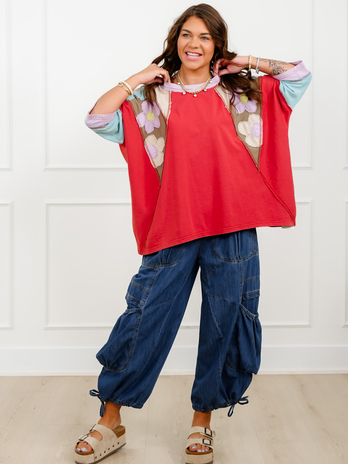Long Sleeve Color Block Top with Floral Patches - Freckled Poppy