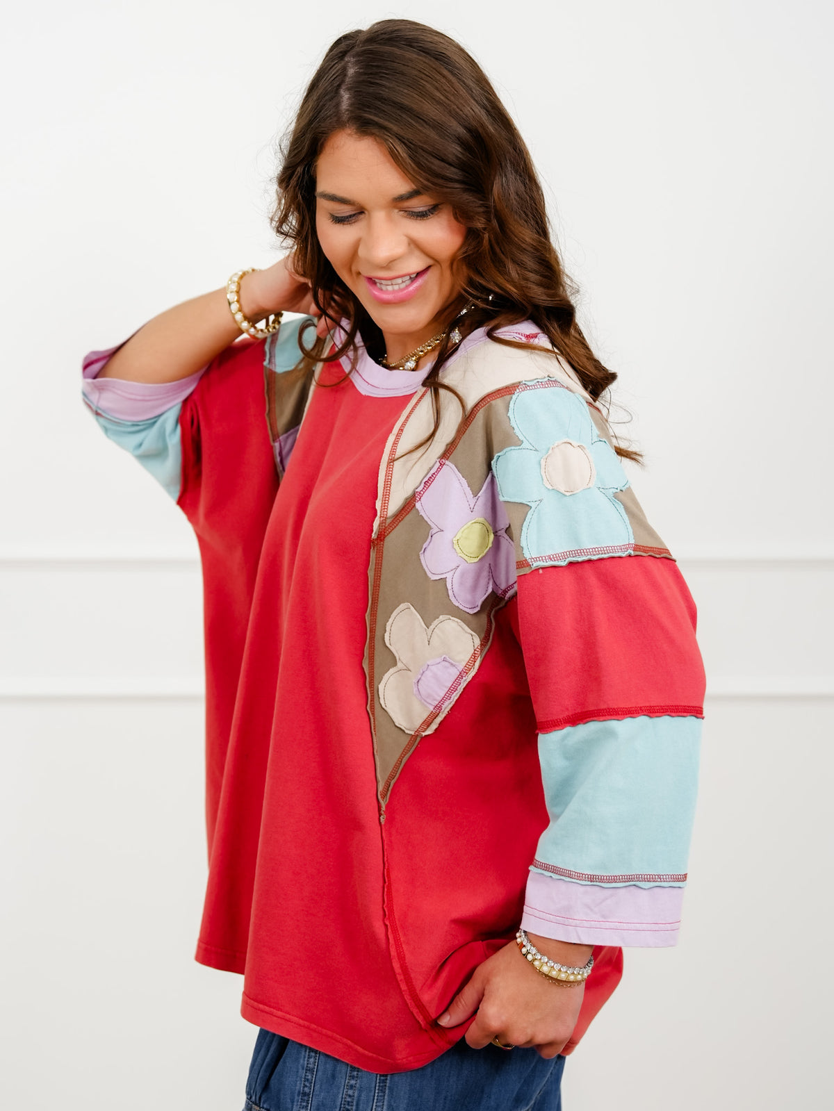 Long Sleeve Color Block Top with Floral Patches - Freckled Poppy