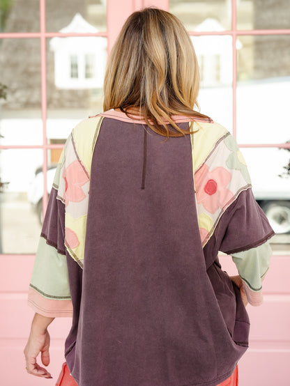Color Block Short Sleeve Top with Floral Patch Detail