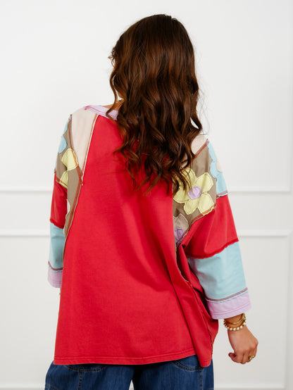 Long Sleeve Color Block Top with Floral Patches - Freckled Poppy