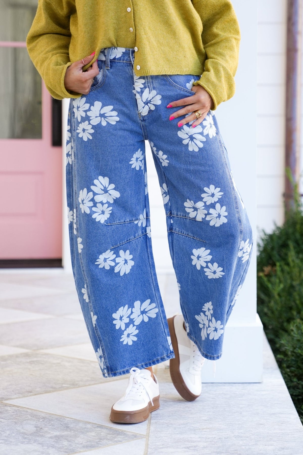 Floral Print Denim Barrel Pants - Freckled Poppy
