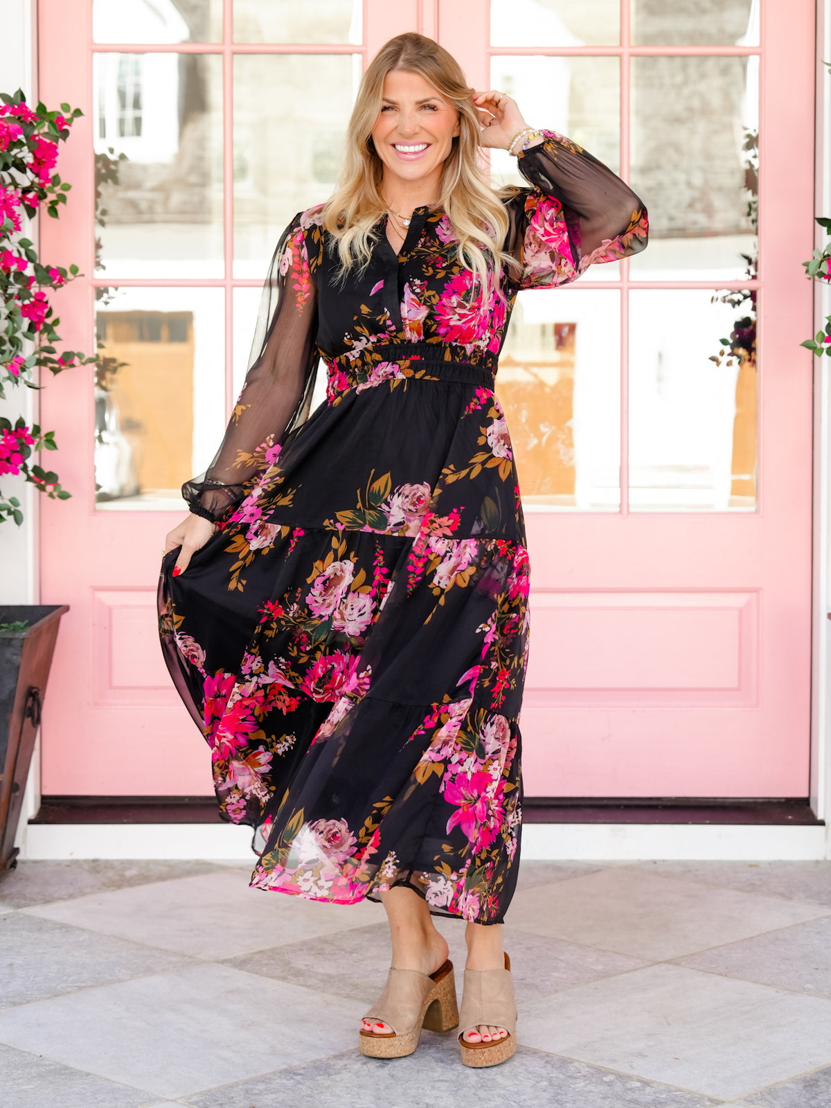 Plus/Reg Floral Chiffon Surplice Neck Long Puff Sleeve Midi Dress - Freckled Poppy