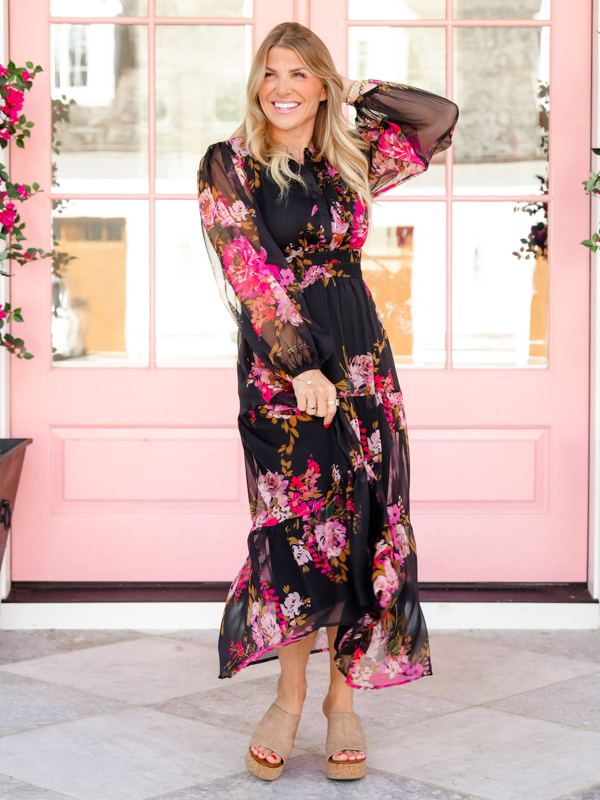 Plus/Reg Floral Chiffon Surplice Neck Long Puff Sleeve Midi Dress - Freckled Poppy