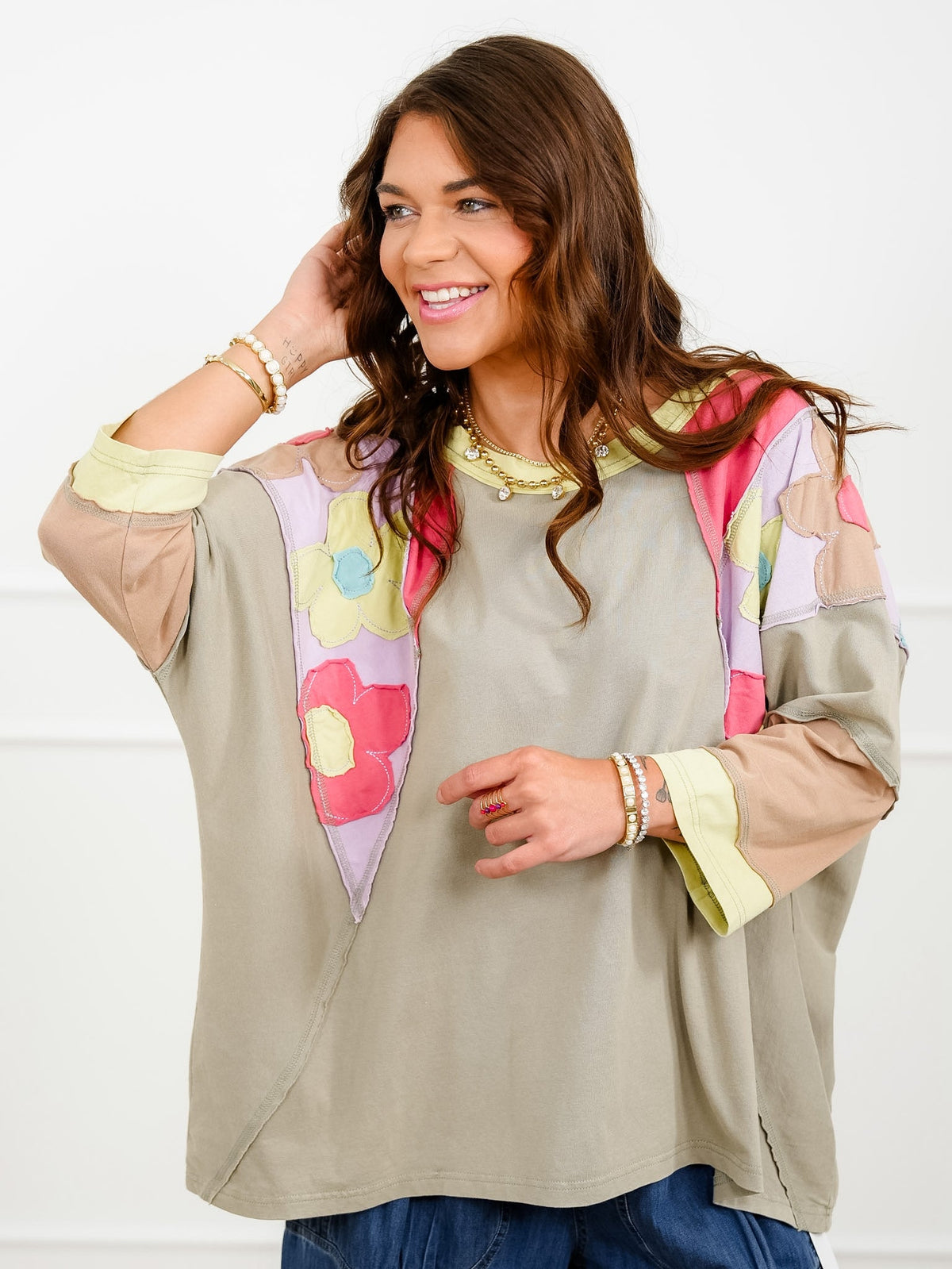 Long Sleeve Color Block Top with Floral Patches - Freckled Poppy