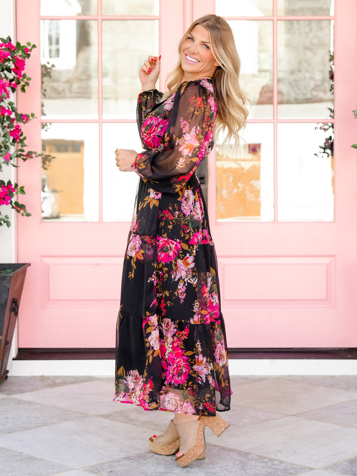 Plus/Reg Floral Chiffon Surplice Neck Long Puff Sleeve Midi Dress - Freckled Poppy
