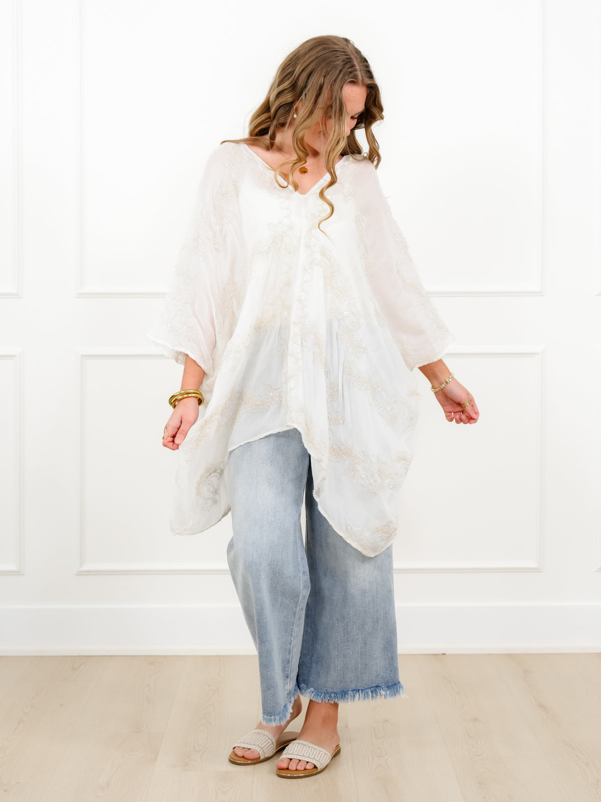 POL Embroidered V-Neck Kimono Top - Freckled Poppy
