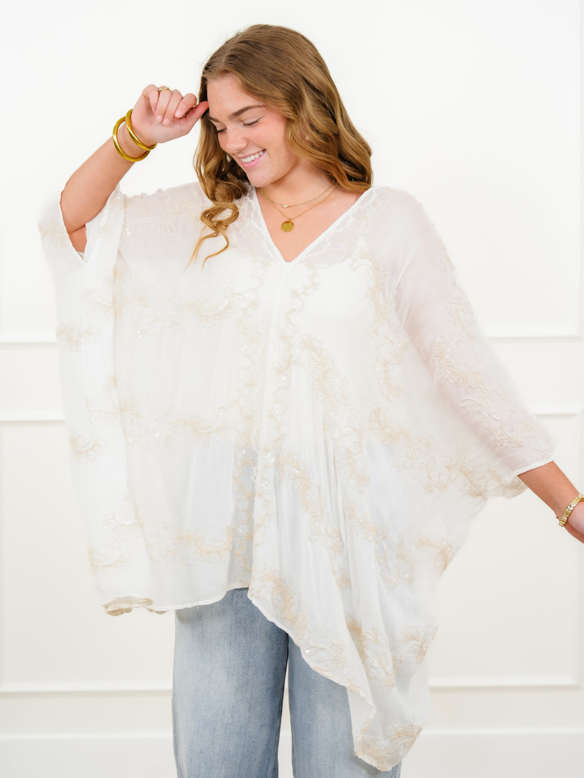 POL Embroidered V-Neck Kimono Top - Freckled Poppy