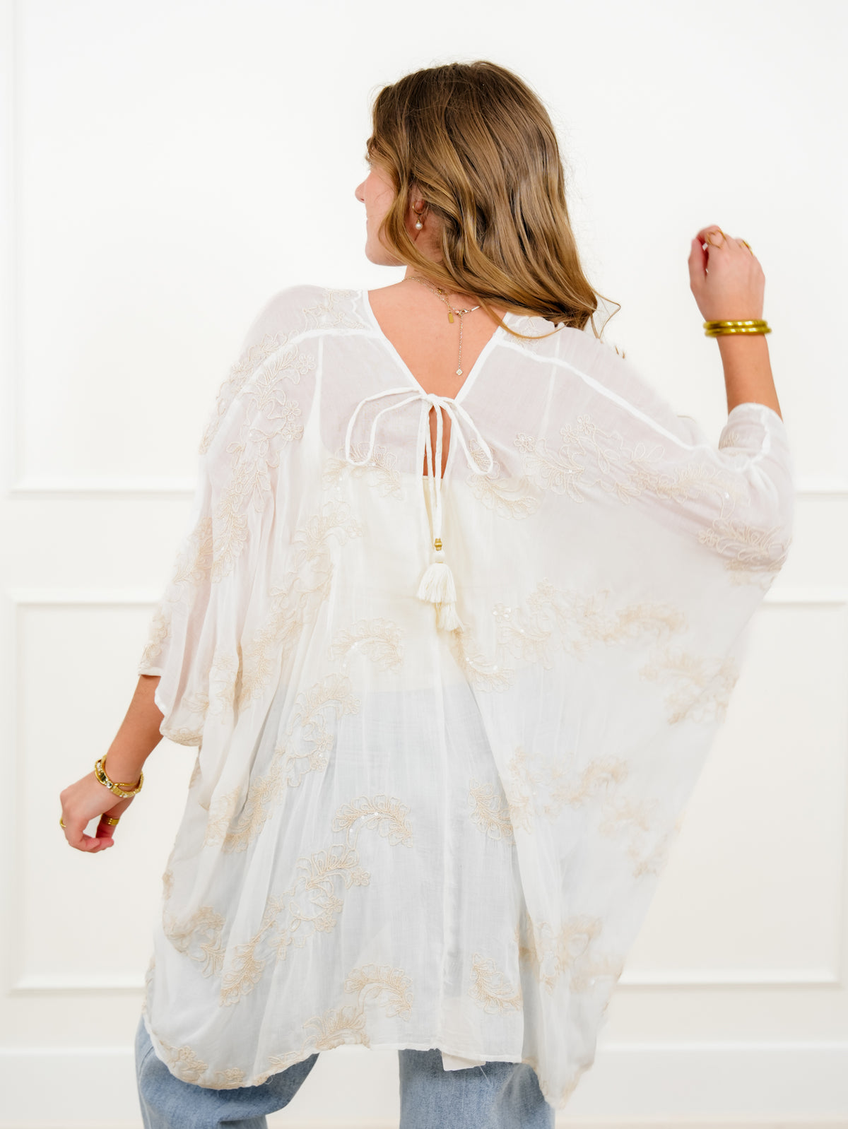 POL Embroidered V-Neck Kimono Top - Freckled Poppy