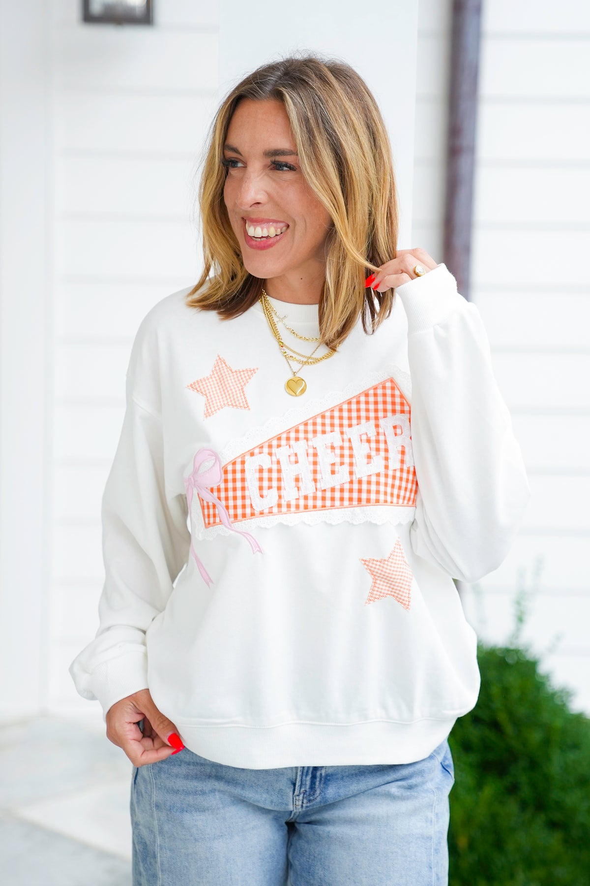Long Sleeve Crewneck Top with Cheer Patch - Freckled Poppy