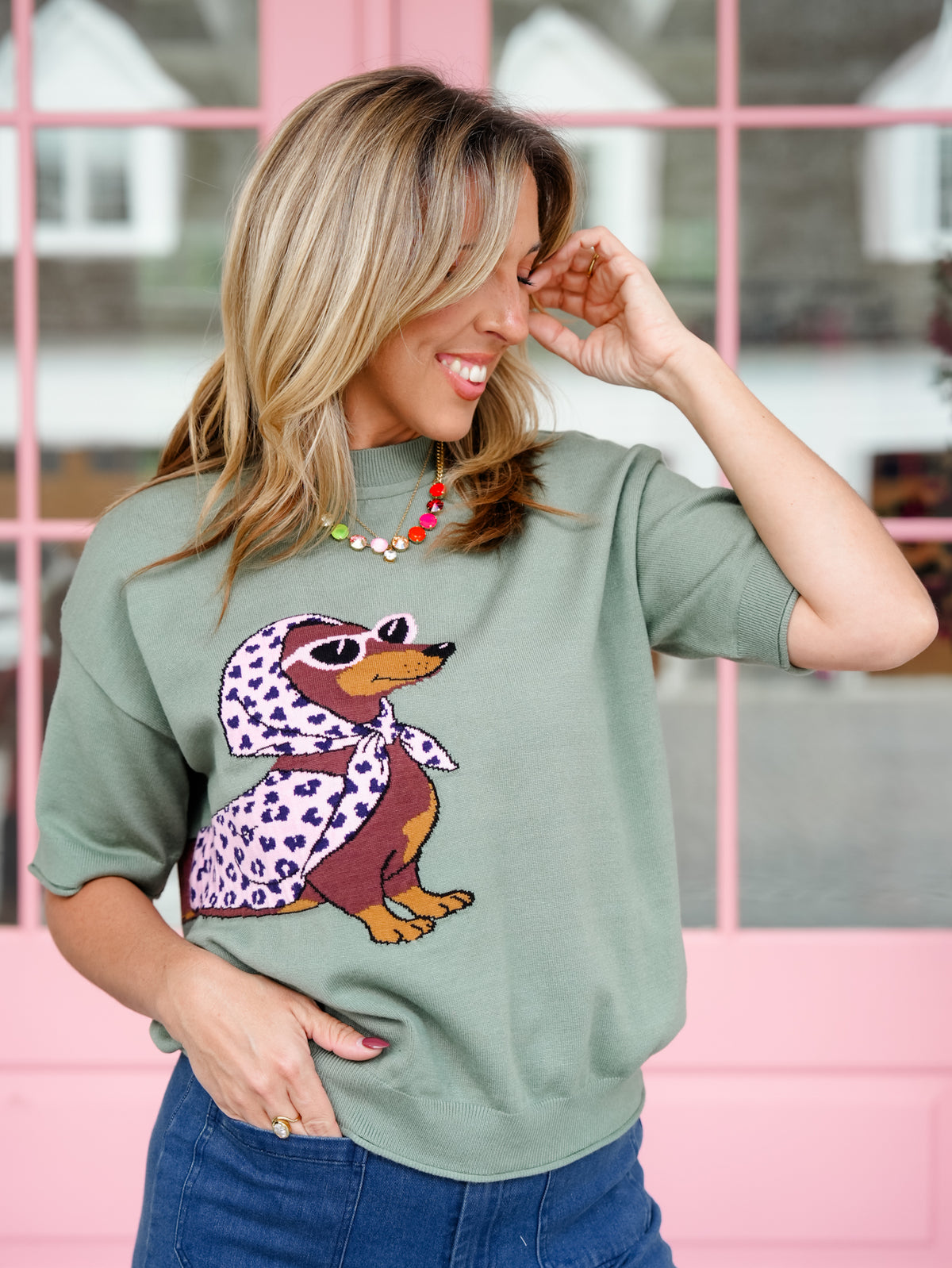 Glam Dachshund Short Sleeve Knit Sweater