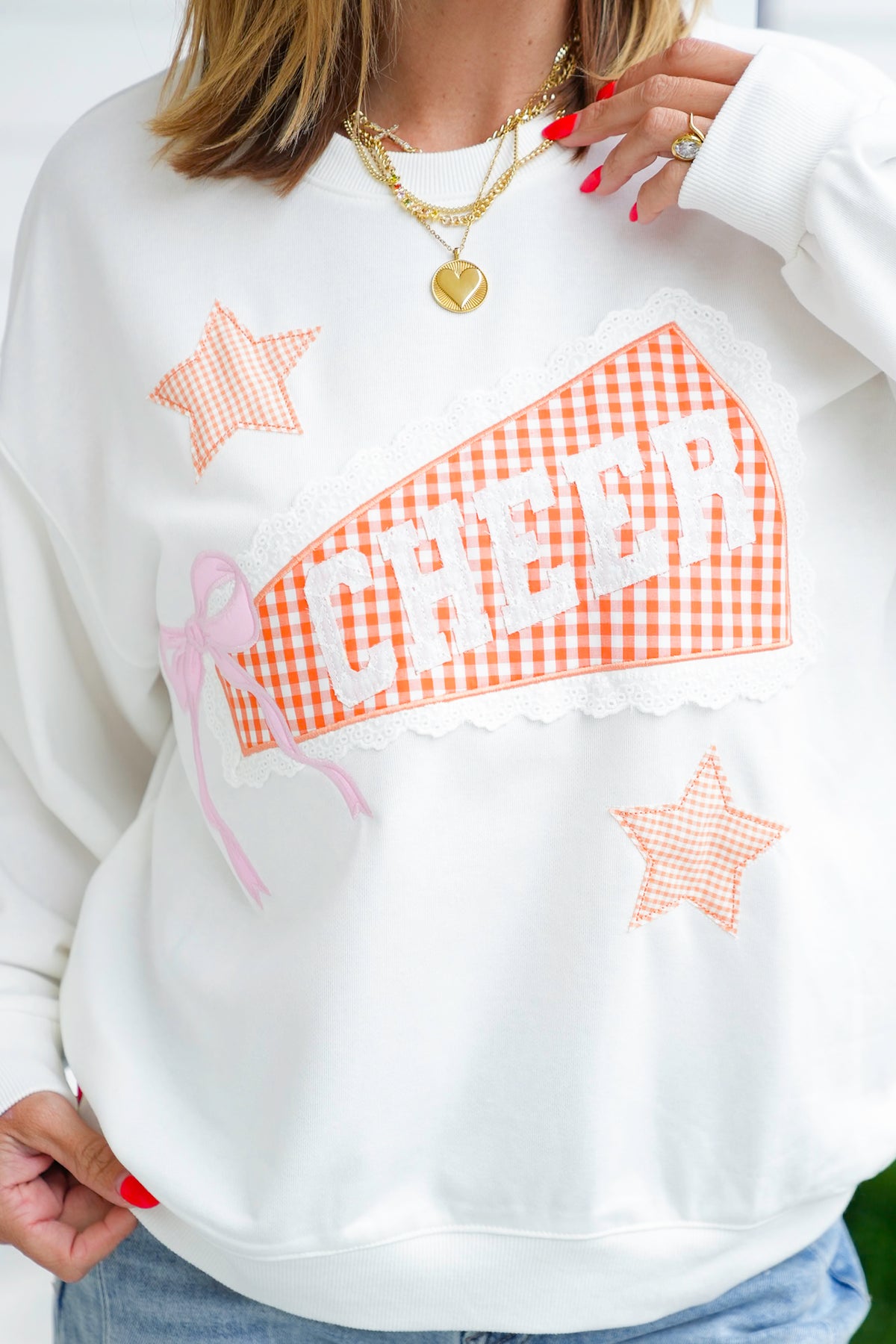 Long Sleeve Crewneck Top with Cheer Patch - Freckled Poppy