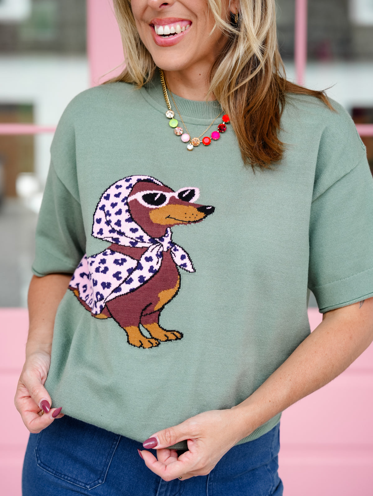 Glam Dachshund Short Sleeve Knit Sweater