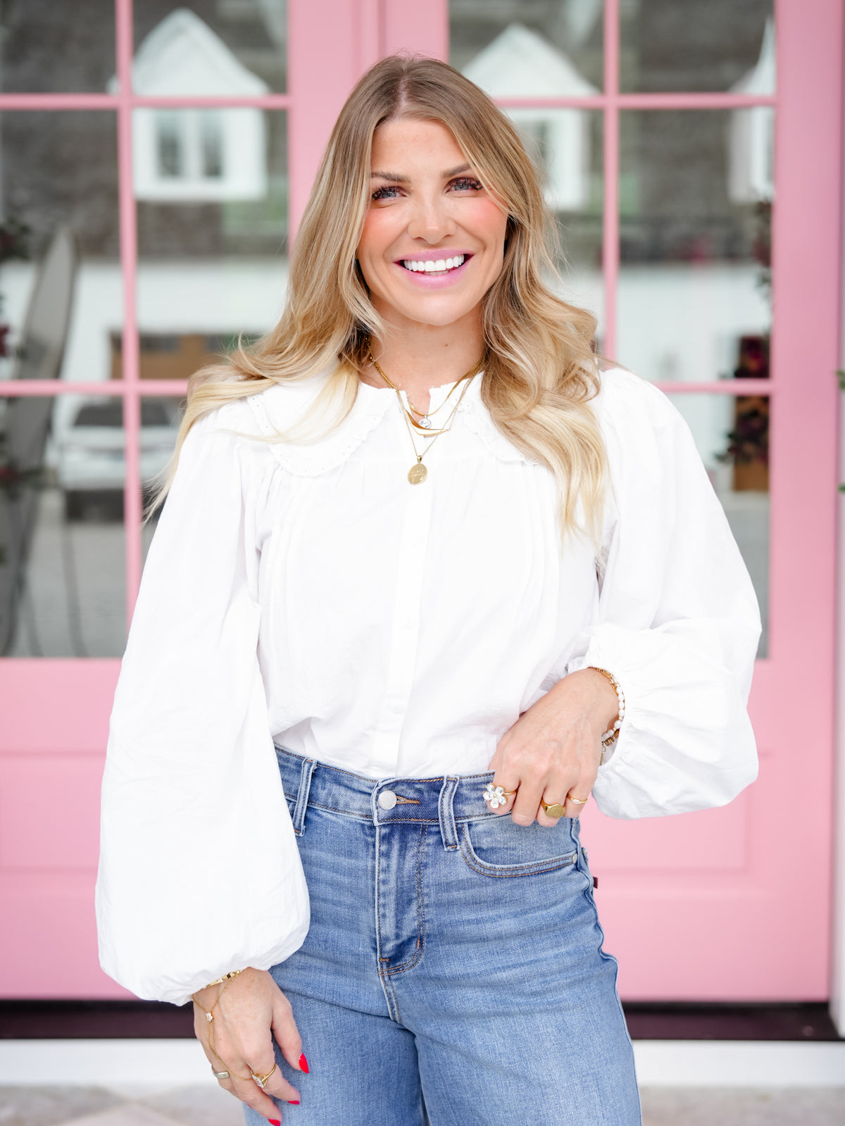 Bubble Sleeve Lace Trim Collar Button Down Blouse