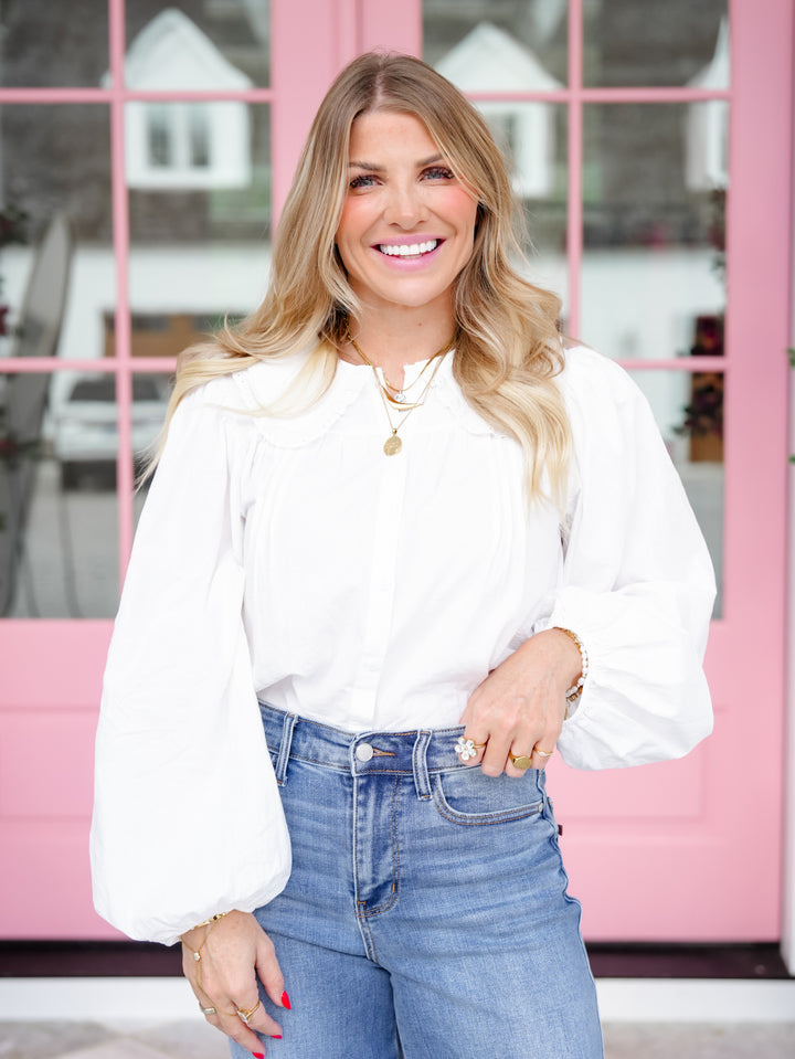 Bubble Sleeve Lace Trim Collar Button Down Blouse - Freckled Poppy