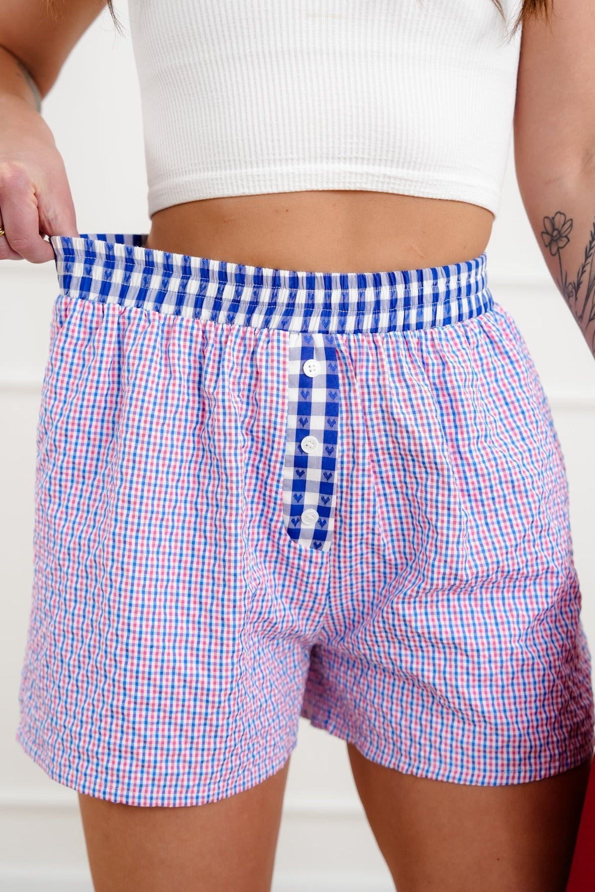 Plaid Elastic Waist Boxer Shorts with Heart Trim - Freckled Poppy