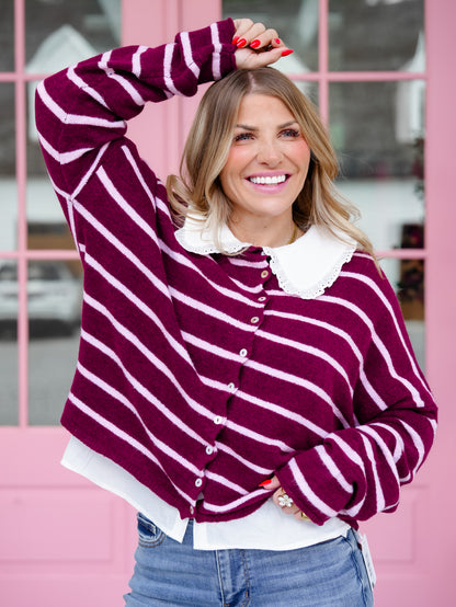 Rolled Edge Striped Button Up Cardigan