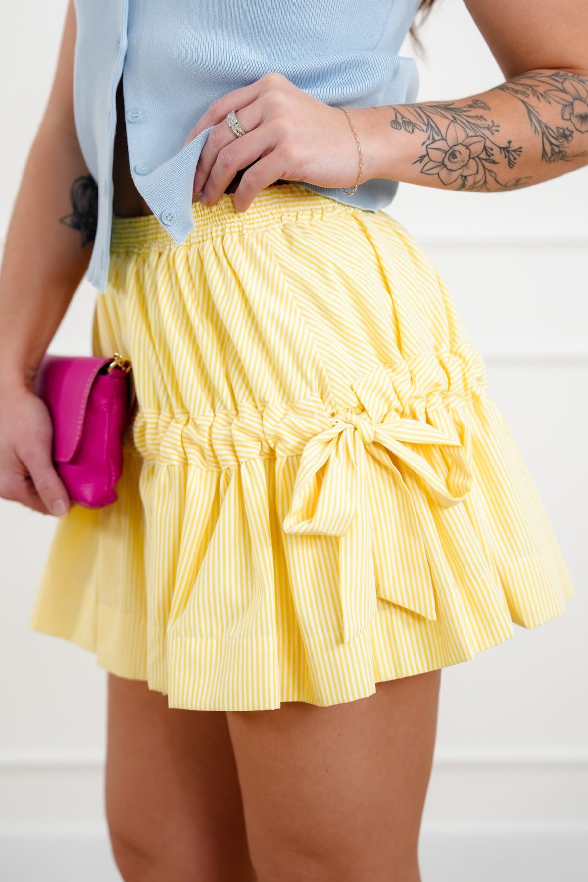 Pin Stripe Elastic Waist Mini Skirt with Adjustable Side Ties - Freckled Poppy