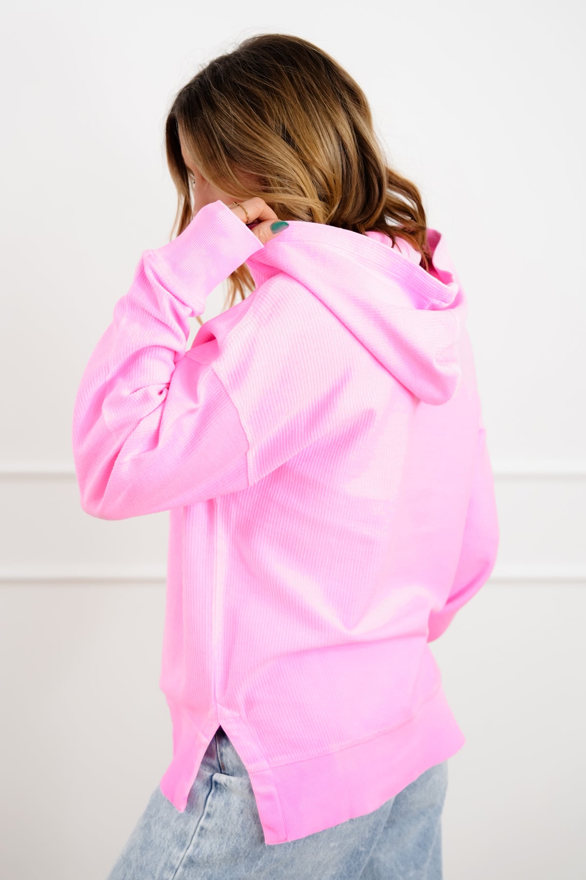 Plus/Reg Ribbed Long Sleeve Hooded Pullover Sweatshirt - Freckled Poppy