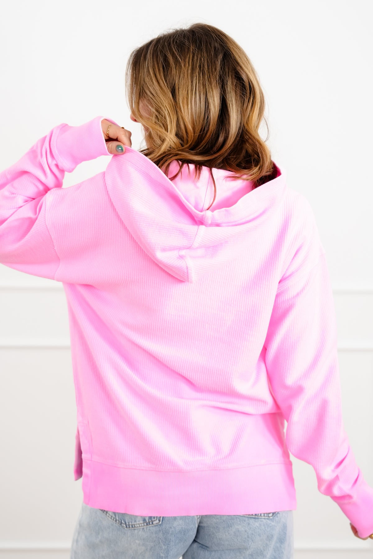 Plus/Reg Ribbed Long Sleeve Hooded Pullover Sweatshirt - Freckled Poppy